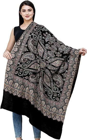 Pirate-Black Pure Pashmina Shawl from Kashmir with Sozni Hand-Embroidered Flowers  and Paisleys