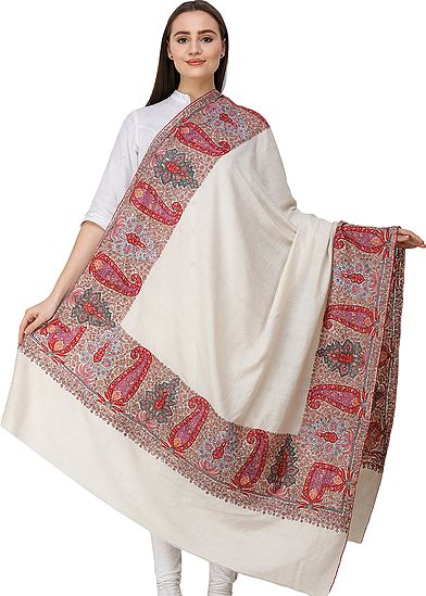 Pearled-Ivory Pashmina Shawl from Kashmir with Sozni Hand-Embroidered Multicolor Paisleys on Border