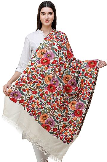 Cream Stole from Kashmir with Hand-Embroidered Multicolor flowers All-Over