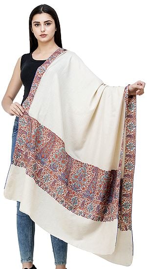 Cream Pure Pashmina Shawl from Kashmir with Sozni Hand-Embroidered Multicolor Paisleys on Border