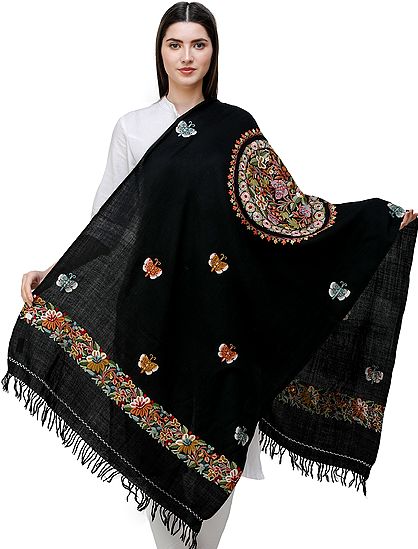 Black Stole from Kashmir with Hand-Embroidered Butterflies and Mandala Core
