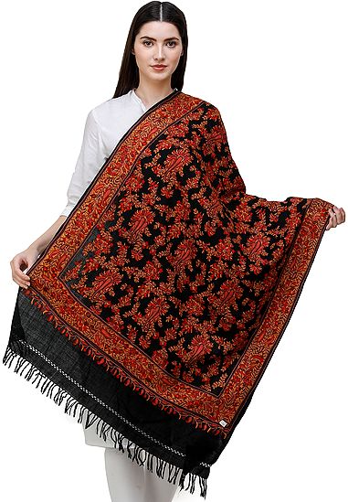 Jet-Black Stole from Kashmir with Hand-Embroidered Pasileys All-over
