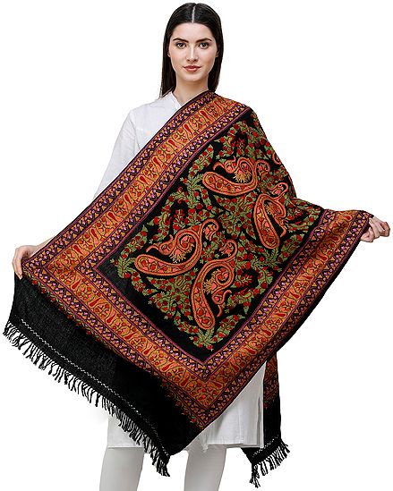 Black-Beauty Traditional Woolen Stole from Kashmir with Hand-Embroidered Paisleys and Flowers