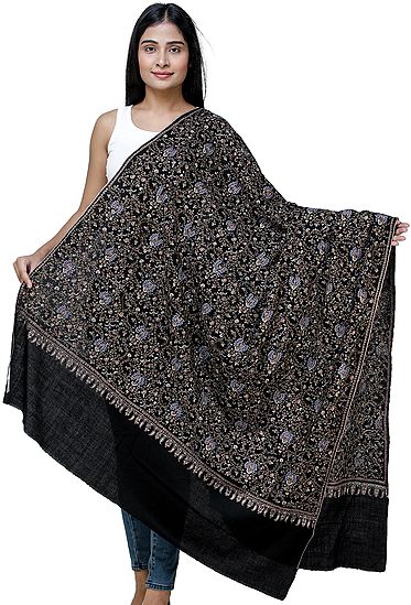Jet-Black Pashmina Shawl From Kashmir with Intricate Needle Embroidery by Hand