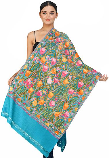 Peacock-Blue Woolen Stole from Kashmir with Aari-Embroidered Tulips