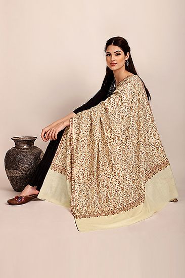 Sand Beige Pure Pashmina Shawl With Sozni Hand Embroidery, Pure