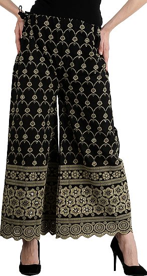 Caviar-Black Flared Phulkari Palazzos From Punjab with Embroidered Flowers and Sequins