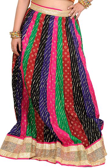 Multi-Colored Long Ghagra Skirt From Jaipur with Patch Work and Wide Golden Border