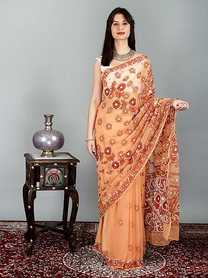 Apricot-Wash Sari from Lucknow with Floral And Paisley Chikan Hand-Embroidery