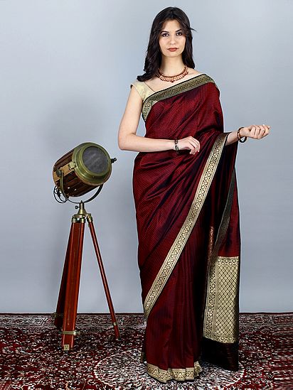 Black-Maroon Overall Herringbone Weave Banarasi Silk Tanchoi Sari With Gold Bootis On Pallu And Border