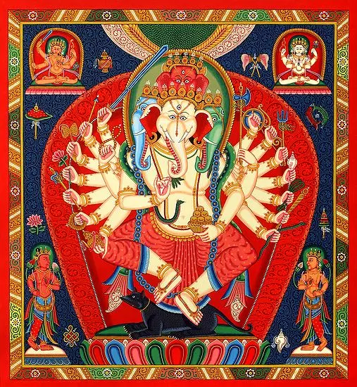 Dancing Ganesha, Four-headed, Eighteen-armed, Captured In Vivid Red In Brocadeless Newari-style Thangka