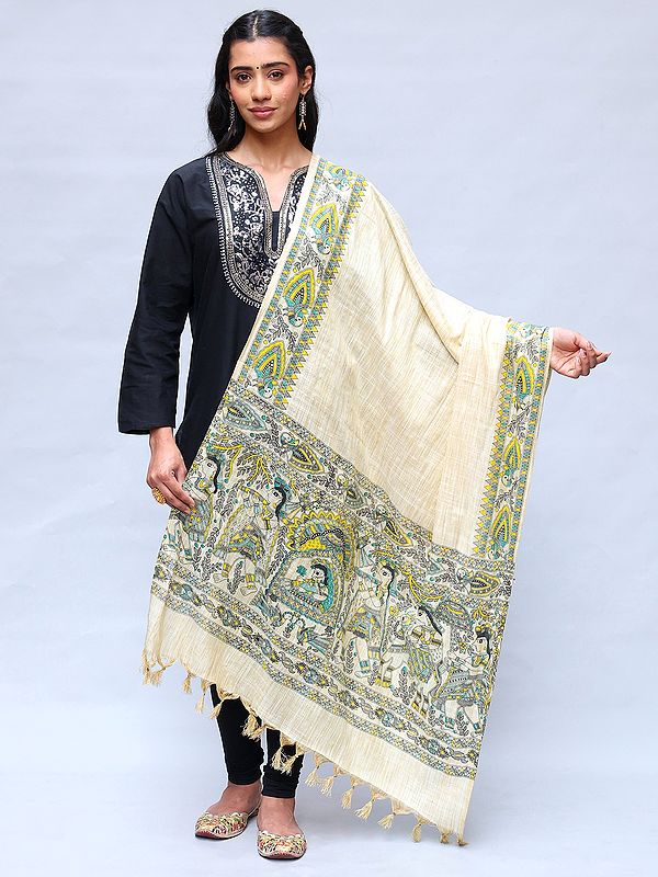 Khadi Cotton Madhubani Art Shawl from Bihar with Printed Wedding Palanquin and Peacocks Border