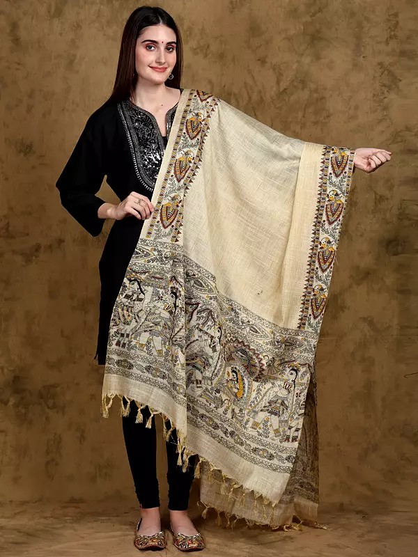 Beige Khadi Cotton Madhubani Art Shawl from Bihar with Printed Wedding Palanquin and Peacocks Border