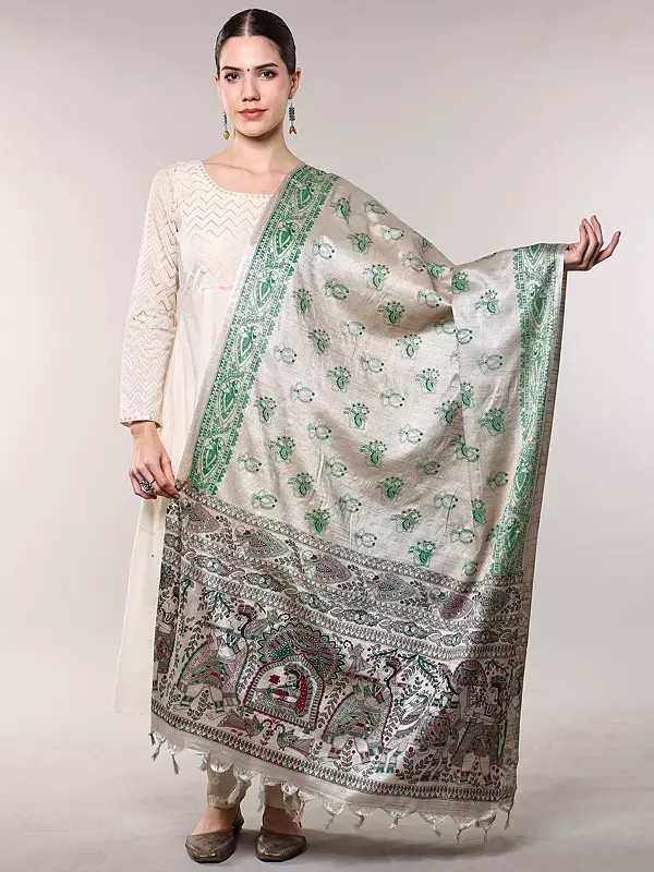 Madhubani Art Viscose Dupatta from Bihar with Printed Wedding Palanquin and Peacocks