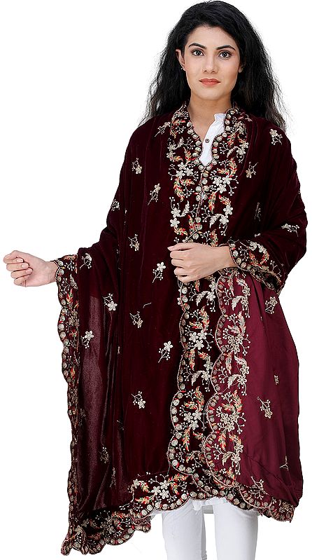 Velvet Dupatta from Amritsar with Embroidered Flowers and Sequins