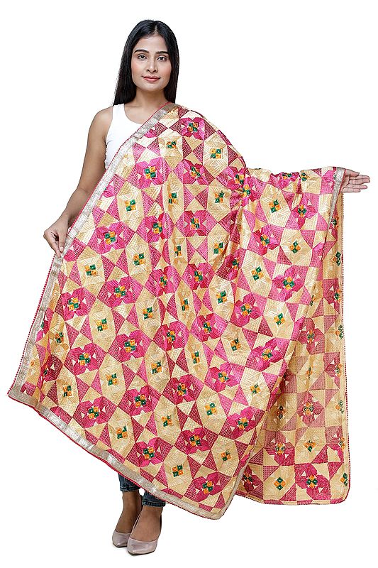 Phulkari Dupatta from Punjab with Geometric Patterns and Zari Border