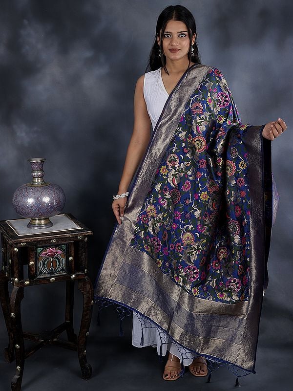 Brocade Dupatta from Gujarat with Woven Floral Motifs All-Over