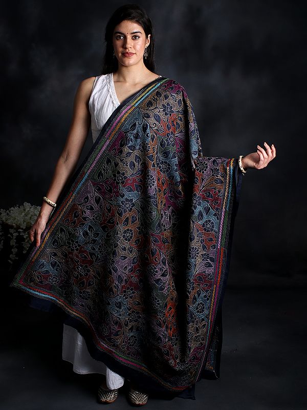 Multicolored Kantha Dupatta from Kolkata with Floral Hand-Embroidery All-Over