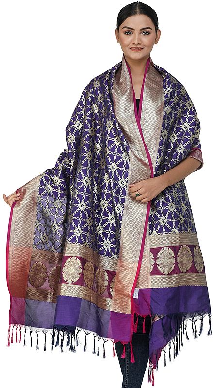 Brocaded Banarasi Dupatta with Geometric Motifs All-Over and Heavy Border