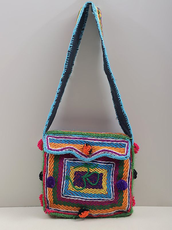 Om Bag with Pom-Pom and Metallic Yarn Detail