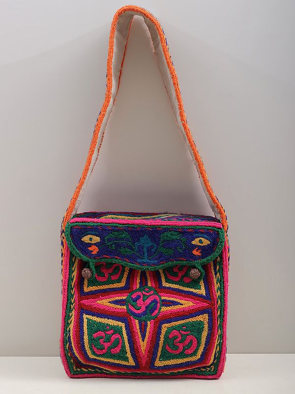 Large Shoulder Bag from Haridwar with Om in Threadwork