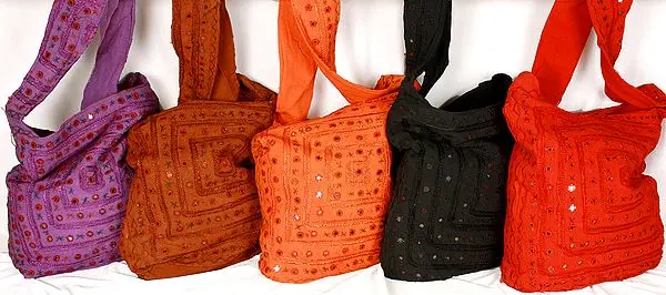 Lot of Five Stonewashed Handbags with Mirrorwork