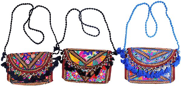 Lot of Three Embroidered Clutch Bags from Kutch with Beads and Mirrors
