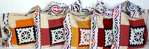 Lot of Five Applique Canvas Bags with Kantha Stitch