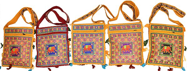 Lot of Five Elephant Jhola Bags with Mirrors
