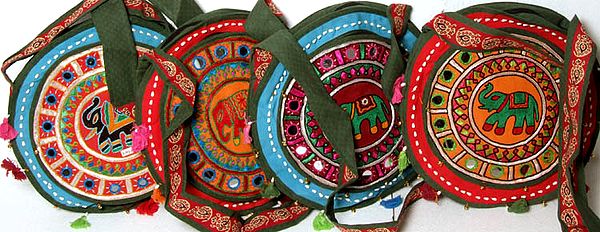 Lot of Four Round Bags with Embroidered Elephants and Mirrors
