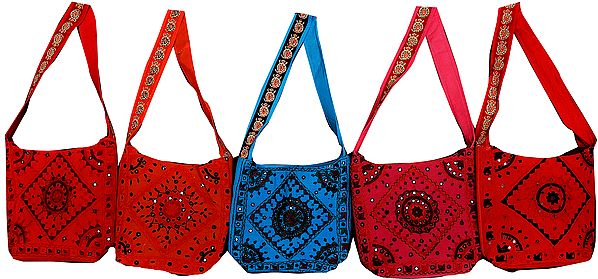 Lot of Five Shopper Bags with Mirrorwork and Aari Embroidery