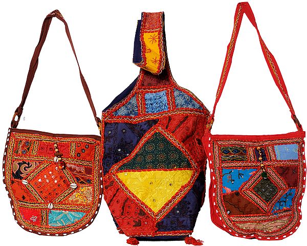 Assorted Lot of Three Embroidered Handbags from Kutch