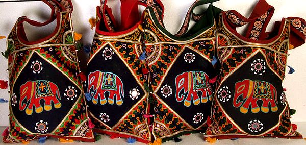 Lot of Four Elephant Shopping Bags with Crewel Embroidery