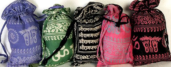 Lot of Five Printed Potli Drawstring Bags with Sri Ram Naam Mantra