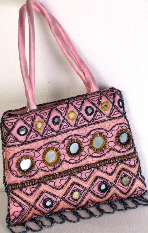 Powder-Pink Handbag with Beads and Mirrors