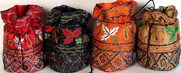 Lot of Four Drawstring Bags with Beads and Threadwork