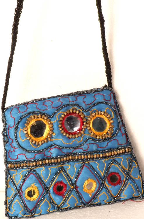 Small Azure Handbag with Beads and Mirrors
