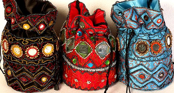 Lot of Three Drawstring Potli Bags with Mirrors and Beads