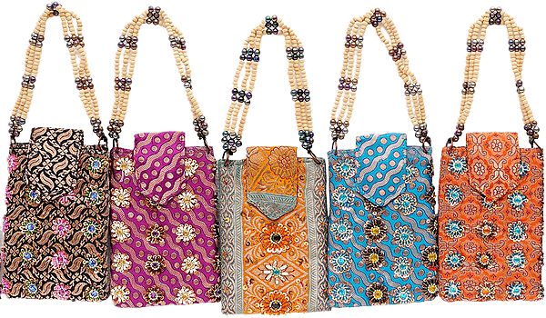 Lot of Five Beaded Mobile Bags from Banaras with Key Chain and Waist Hook
