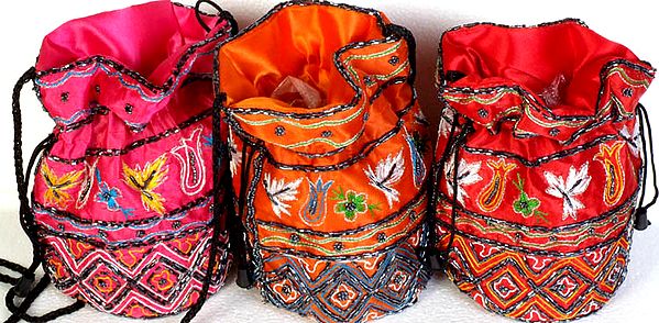 Lot of Three Drawstring Potli Bags with Beadwork