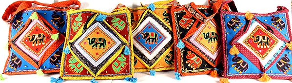 Lot of Five Jhola Bags with Embroidered Elephants and Mirrors