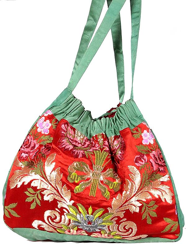 Green Banarasi Handbag with Side Pockets and Brocaded Flowers