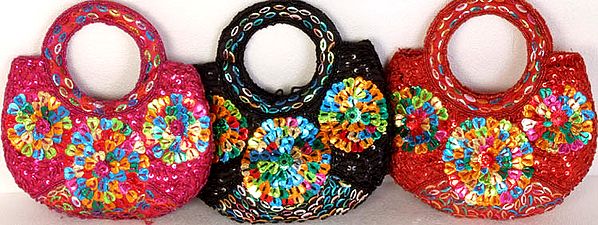 Lot of Three Handbags with Beads and Sequins Embroidered as Flowers
