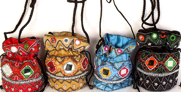 Lot of Four Small Drawstring Potli Bags with Mirrors and Beads