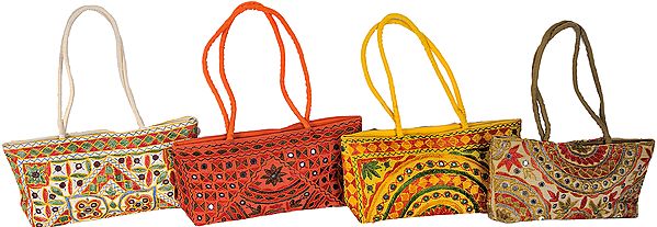 Lot of Four Densely Embroidered Handbags from Kutch with Mirrors