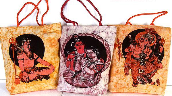 Lot of Three Batik Shopper Bags with Hindu Deities