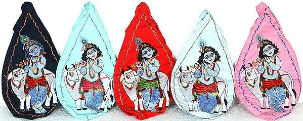 Lot of Five Embroidered Mala Bags from Vrindavan