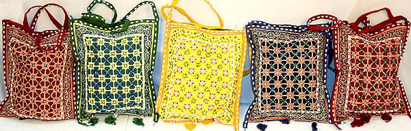 Lot of Five Printed Sanganeri Bags with Beadwork