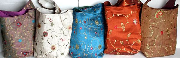 Lot of Five Jhola Bags with All-Over Embroidery
