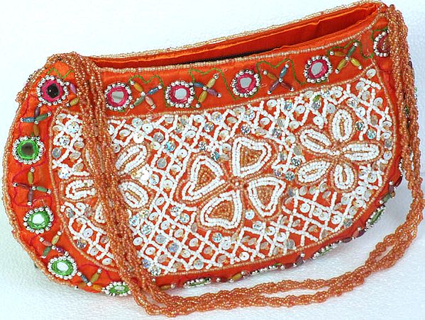Orange Sequined Handbag with Beads and Mirrors
